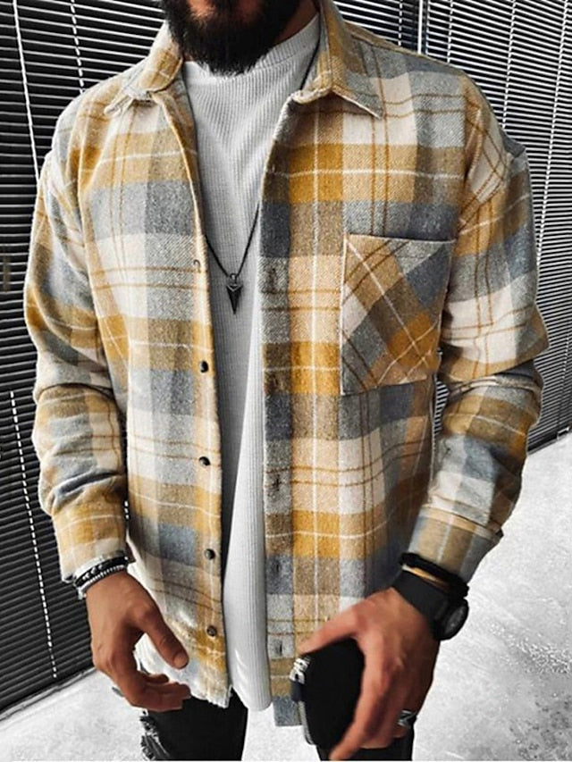 Men's Flannel Shirt Shirt Jacket Shacket Shirt Plaid / Check Collar Yellow Outdoor Street Long Sleeve Button-Down Print Clothing Apparel Fashion Casual Comfortable