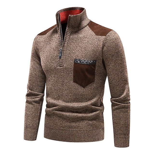 Men's Pullover Sweater Jumper Fleece Sweater Ribbed Knit Zipper Knitted Color Block Half Zip Basic Keep Warm Work Daily Wear Clothing Apparel Fall & Winter Blue Red & White M L XL