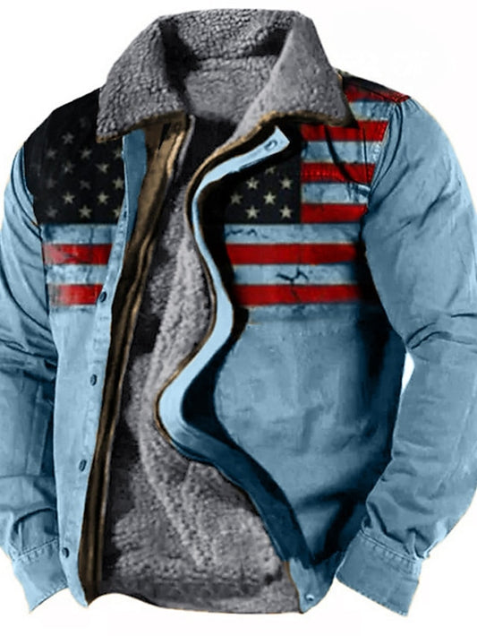 Men's Jacket Daily Wear Vacation Fleece Lining With Pockets Print Fall & Winter National Flag Streetwear Sport Turndown Regular Wine Navy Blue Blue Purple Green Jacket