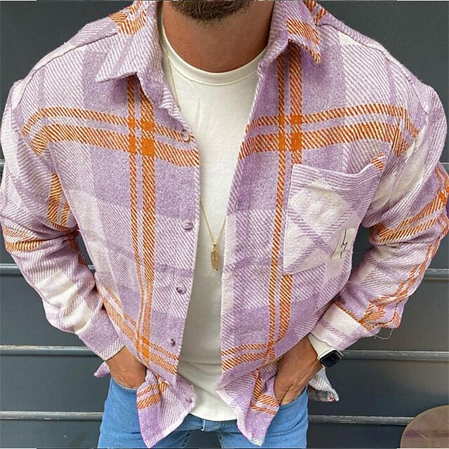 Men's Shirt Flannel Shirt Shirt Jacket Shacket Dark Gray+Red Purple Green Long Sleeve Plaid / Check Turndown Spring &  Fall Street Daily Clothing Apparel Button-Down