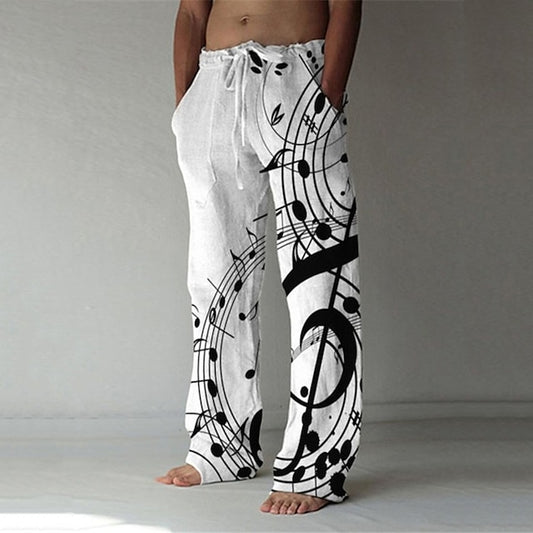 Men's Trousers Summer Pants Baggy Beach Pants Elastic Drawstring Design Front Pocket Straight Leg Graphic Prints Musical Instrument Comfort Soft Casual Daily Fashion Streetwear White Green