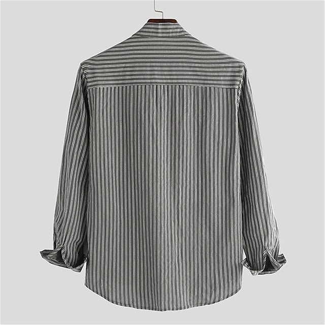 Men's Summer Shirt Beach Shirt Black White Gray Long Sleeve Striped Stand Collar Spring &  Fall Street Daily Clothing Apparel Button-Down