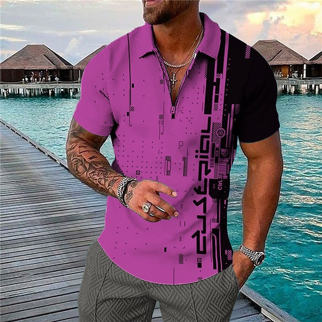 Men's Collar Polo Shirt Golf Shirt Geometry Turndown Blue Pink Yellow Light Green Light Brown 3D Print Outdoor Street Short Sleeves Zipper Print Clothing Apparel Fashion Designer Casual Breathable