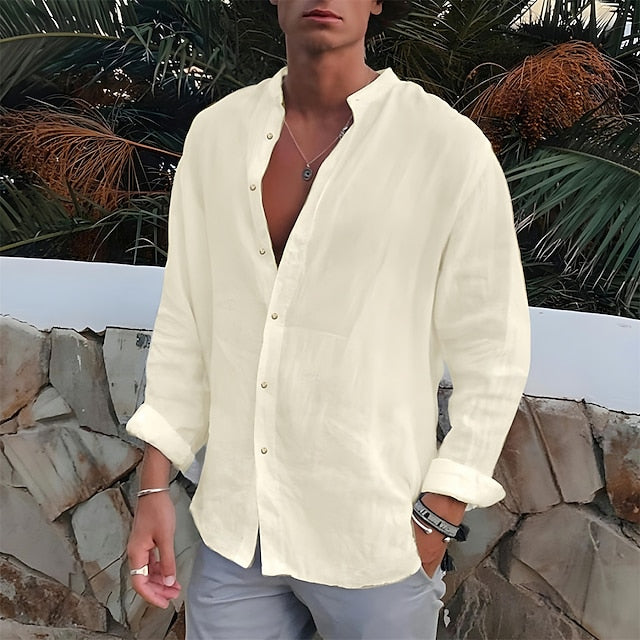 Men's Linen Shirt Shirt Summer Shirt Beach Shirt Black White Navy Blue Long Sleeve Plain Turndown Spring &  Fall Outdoor Street Clothing Apparel
