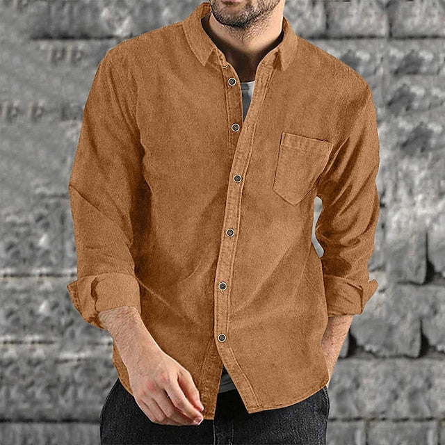 Men's Corduroy Shirt Overshirt Black Army Green Navy Blue Long Sleeve Solid Color Turndown Spring &  Fall Street Daily Clothing Apparel Button-Down