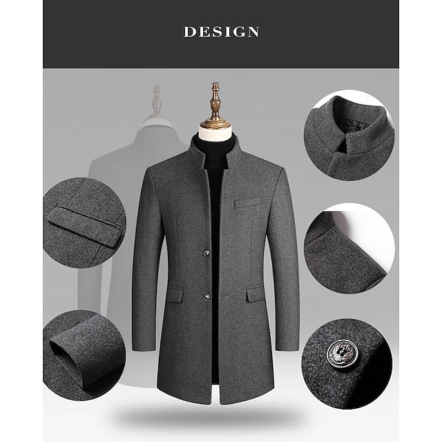 Men's Winter Coat Wool Coat Overcoat Business Daily Wear Winter Wool Thermal Warm Outdoor Outerwear Clothing Apparel Fashion Warm Ups Solid Colored Pocket Standing Collar Single Breasted Two-button