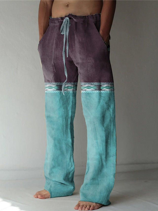Foruwish - Men's Trousers Summer Pants Beach Pants Drawstring Elastic Waist 3D Print Color Block Geometric Pattern Graphic Prints Comfort Casual Daily Holiday Streetwear Hawaiian Navy Blue Blue