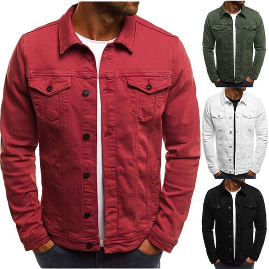 Men's Denim Jacket Street Daily Windproof Pocket Spring Fall Solid Color Streetwear Casual Turndown Regular Regular Fit Black White Army Green Red Navy Blue Jacket