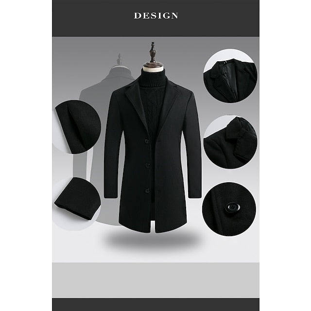 Men's Overcoat Winter Coat Business Casual Fall Wool Clothing Apparel Basic Solid Colored Stand Collar Single Breasted Outerwear