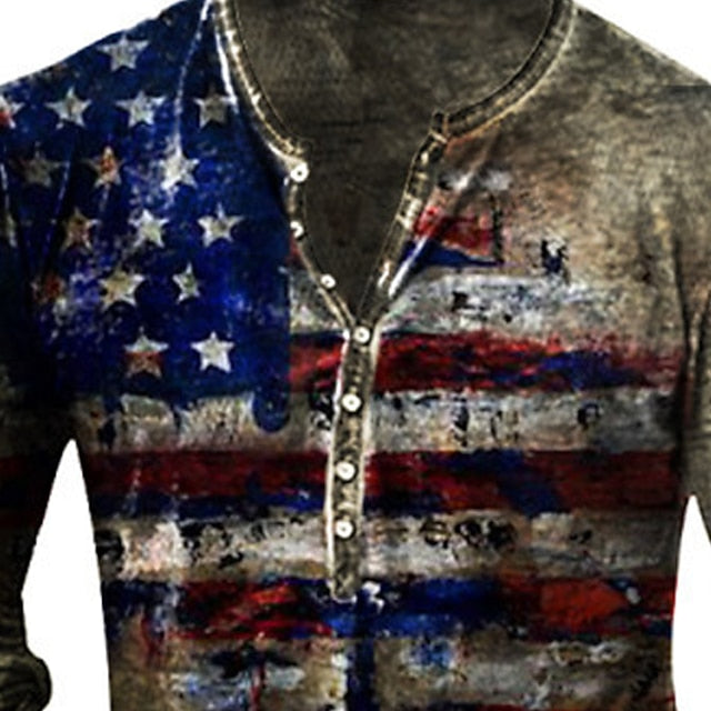 Men's T shirt Tee Henley Shirt Tee Graphic American Flag Spring &  Fall Street Casual Daily Vintage Retro Basic Henley Long Sleeve Clothing Apparel Black Yellow Red Plus Size S M L XL 2XL 3XL 4XL