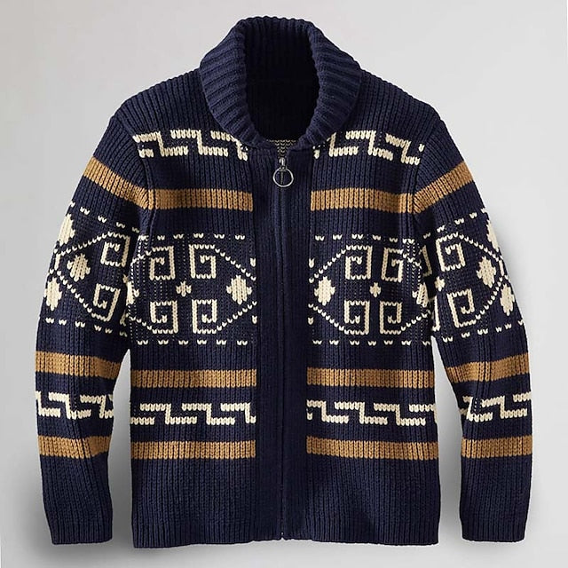 Men's Sweater Cardigan Knit Knitted Abstract Shirt Collar Stylish Vintage Style Daily Wear Clothing Apparel Fall Winter Navy Blue Khaki M L XL