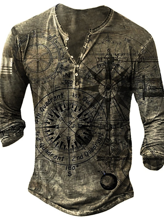 Men's T shirt Tee Henley Shirt Graphic Machine Henley Blue Purple Brown Green Gray 3D Print Street Casual Long Sleeve Button-Down Print Clothing Apparel Fashion Stylish Vintage Basic