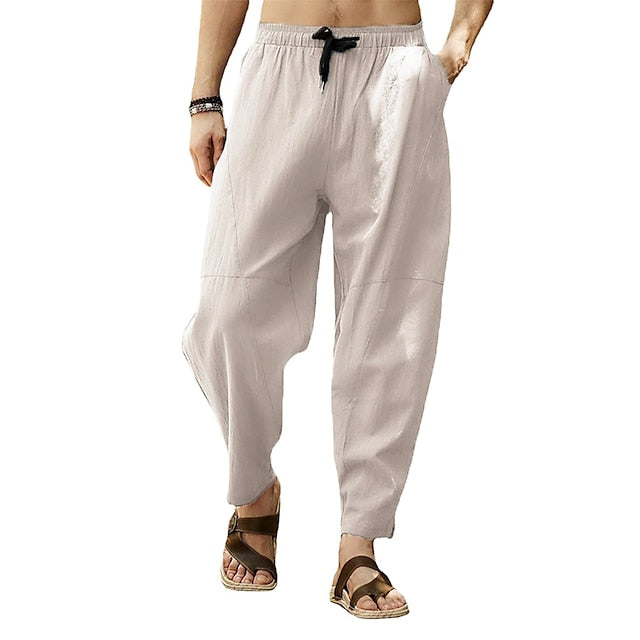 Men's Linen Pants Summer Pants Pocket Drawstring Plain Casual Daily Yoga Cotton Blend Basic Classic Black White