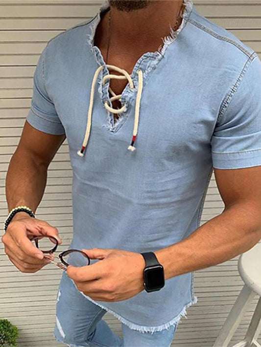 Men's Shirt Summer Shirt Denim Shirt Chambray Shirt Dark Navy Navy Blue Light Blue Short Sleeve Graphic Prints Standing Collar Casual Daily Drawstring Clothing Apparel Fashion Casual Breathable