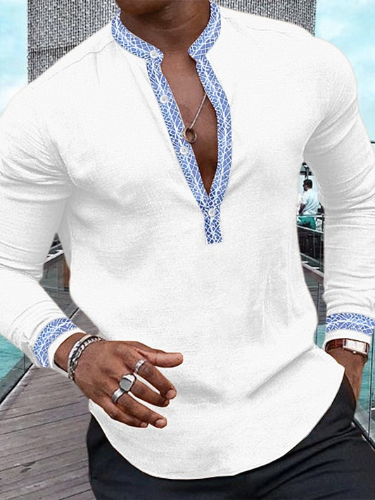 Men's Shirt Linen Shirt Popover Shirt Summer Shirt Beach Shirt White Pink Navy Blue Long Sleeve Color Block Henley Spring & Summer Casual Daily Clothing Apparel