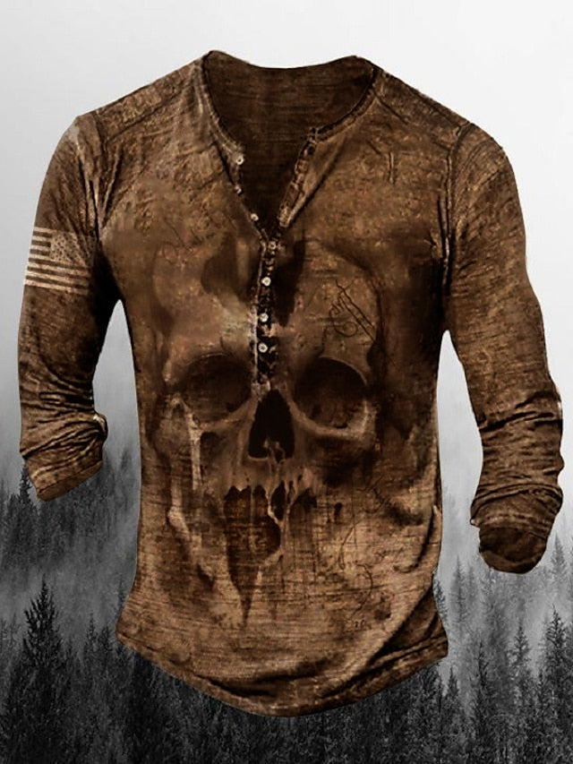 Men's T shirt Tee Henley Shirt Graphic Skull Henley Army Green Brown Khaki Gray Plus Size Street Casual Long Sleeve Button-Down Print Clothing Apparel Stylish Retro Vintage Basic