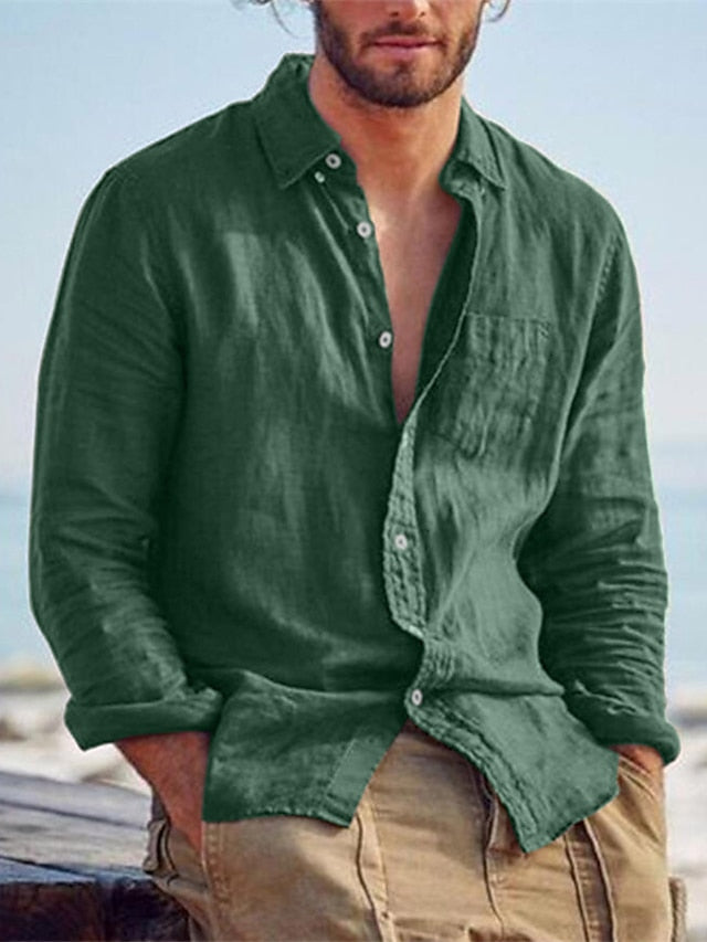 Men's Linen Shirt Shirt Summer Shirt Beach Shirt Black Brown Green Long Sleeve Solid Color Turndown Spring &  Fall Outdoor Street Clothing Apparel Button-Down
