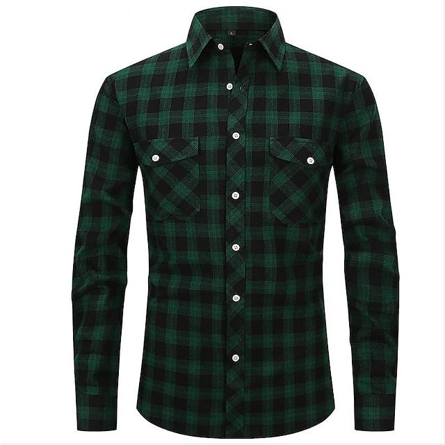 Men's Flannel Shirt Shirt Jacket Shacket Wine Dark Green Orange Long Sleeve Plaid / Check Turndown Fall & Winter Street Daily Clothing Apparel Button-Down