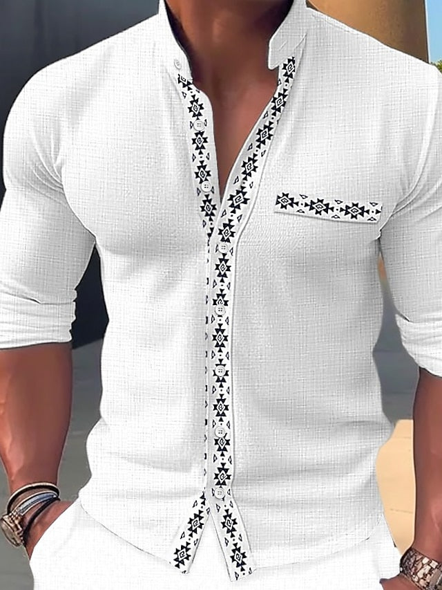 Men's Shirt Linen Shirt Button Up Shirt Casual Shirt Summer Shirt Beach Shirt Black White Blue Long Sleeve Color Block Standing Collar Spring & Summer Casual Daily Clothing Apparel