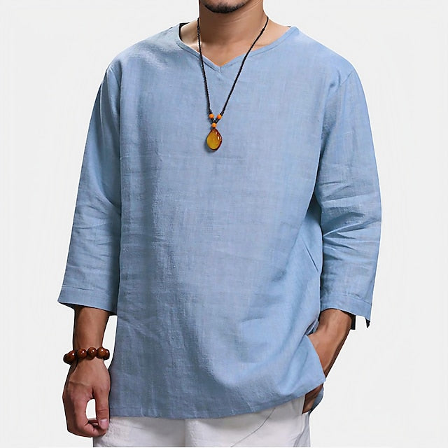 Men's Linen Shirt Summer Shirt Beach Shirt Light Blue Black White 3/4 Length Sleeve Plain Collar Causal Hawaiian Clothing Apparel