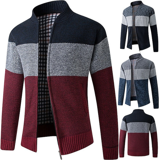 Men's Cardigan Sweater Fleece Sweater Ribbed Knit Knitted Color Block Standing Collar Warm Ups Modern Contemporary Daily Wear Going out Clothing Apparel Fall & Winter Red & White Blue M L XL