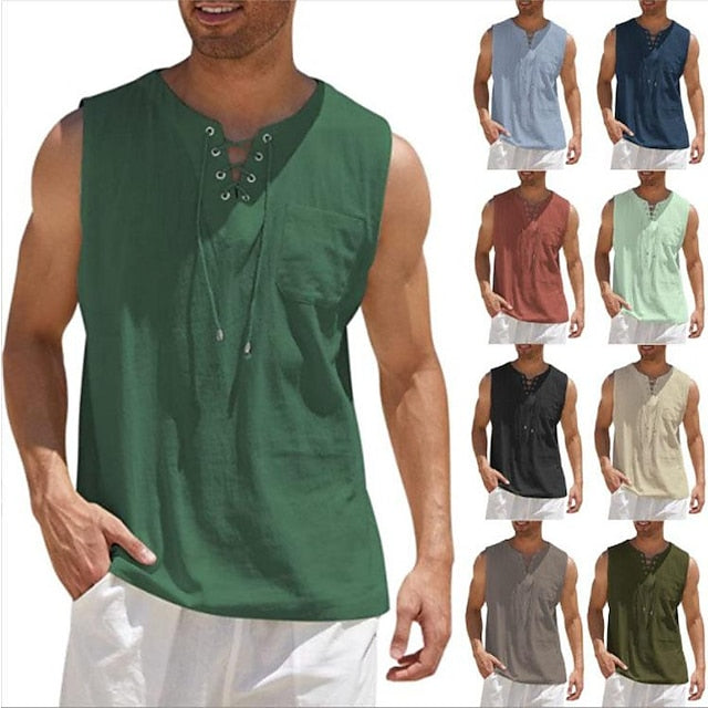 Men's Linen Shirt Summer Shirt Tank Top Beach Shirt White Dark Green Camel Solid Color Collarless Casual Daily Clothing Apparel