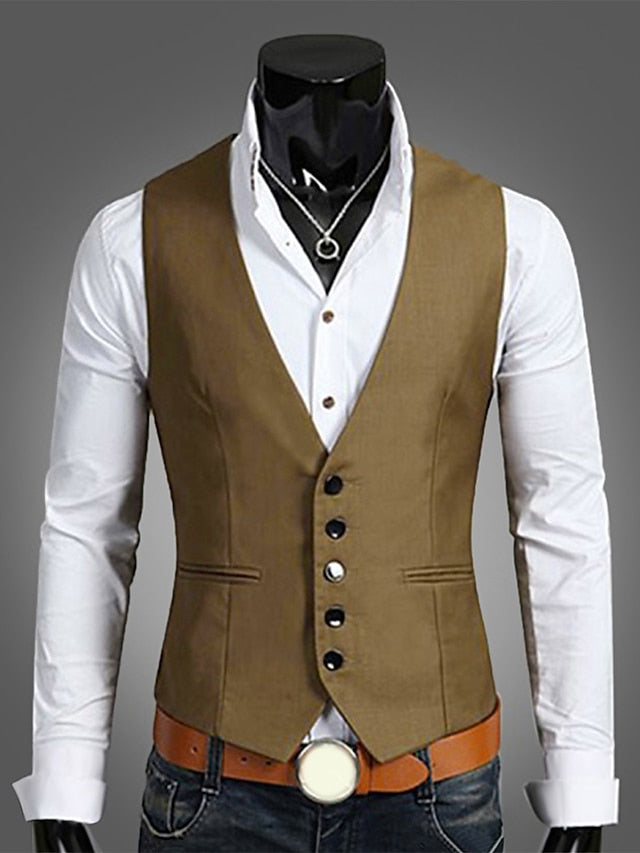 Men's Vest Waistcoat Wedding Work 1920s Smart Casual Polyester Solid Colored Slim Black Navy Blue Brown Vest