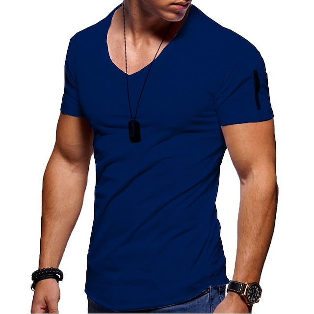 Men's T shirt Tee Tee Plain V Neck Normal Short Sleeve Zipper Clothing Apparel Muscle Esencial