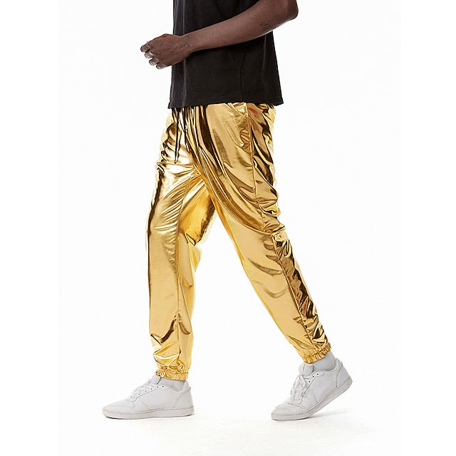 Men's Joggers Trousers Casual Pants Sequin Pants Drawstring Elastic Waist Shiny Metallic Solid Color Full Length Club Nightclub Disco Lights Casual Trousers Loose Fit Silver Black Micro-elastic