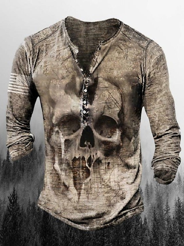 Men's T shirt Tee Henley Shirt Graphic Skull Henley Army Green Brown Khaki Gray Plus Size Street Casual Long Sleeve Button-Down Print Clothing Apparel Stylish Retro Vintage Basic