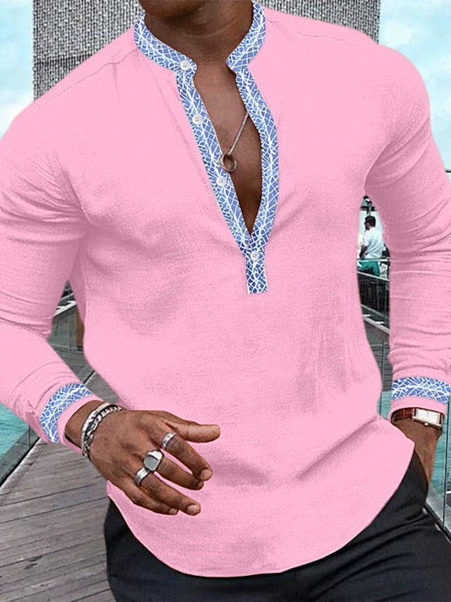 Men's Shirt Linen Shirt Popover Shirt Summer Shirt Beach Shirt White Pink Navy Blue Long Sleeve Color Block Henley Spring & Summer Casual Daily Clothing Apparel
