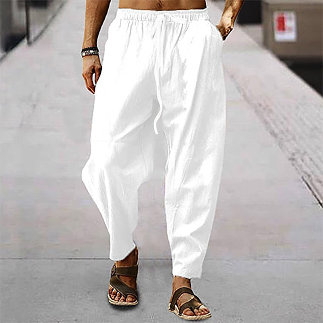 Men's Linen Pants Trousers Summer Pants Pocket Plain Comfort Breathable Outdoor Daily Going out Linen / Cotton Blend Fashion Casual Black White