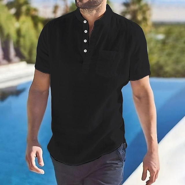 Men's Linen Shirt Summer Shirt Beach Shirt Black White Light Green Short Sleeve Solid Color Stand Collar Spring, Fall, Winter, Summer Outdoor Casual Clothing Apparel Button-Down