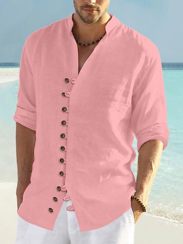 Men's Shirt Linen Shirt Summer Shirt Beach Shirt Black White Pink Long Sleeve Plain Collar Spring & Summer Casual Daily Clothing Apparel