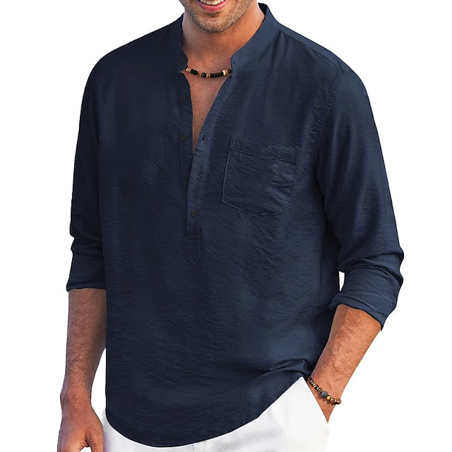 Men's Shirt Linen Shirt Summer Shirt Beach Shirt White Wine Navy Blue Long Sleeve Stripe Henley Summer Spring Outdoor Daily Clothing Apparel