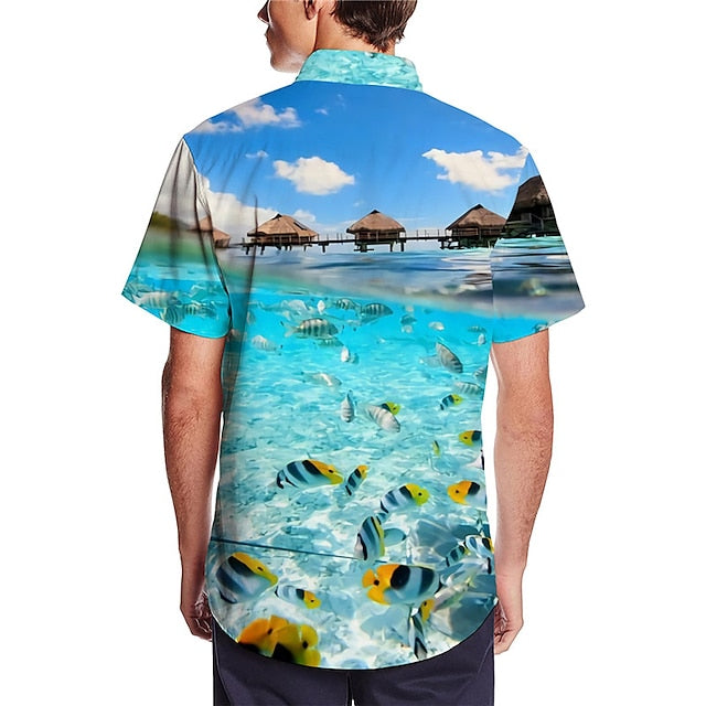 Men's Shirt Summer Hawaiian Shirt Camp Collar Shirt Graphic Shirt Aloha Shirt Scenery Turndown Black Navy Blue Royal Blue Blue Sky Blue 3D Print Outdoor Street Short Sleeve Button-Down Print Clothing