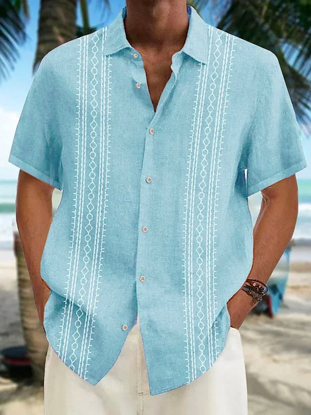 Men's Guayabera Shirt Casual Shirt Summer Shirt Beach Shirt White Blue Khaki Short Sleeve Striped Lapel Spring & Summer Hawaiian Holiday Clothing Apparel Print