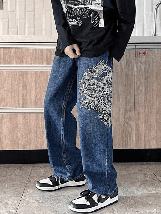 Foruwish - Men's Dragon Embroidered Straight Leg Jeans