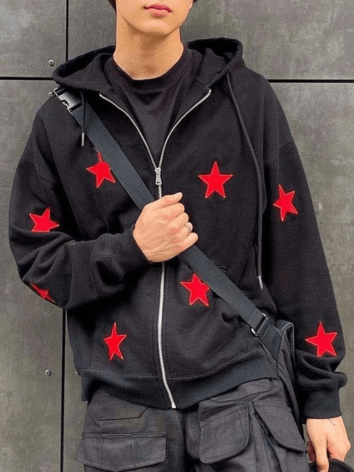 Foruwish - Men's Patch Star Zip Up Hoodie