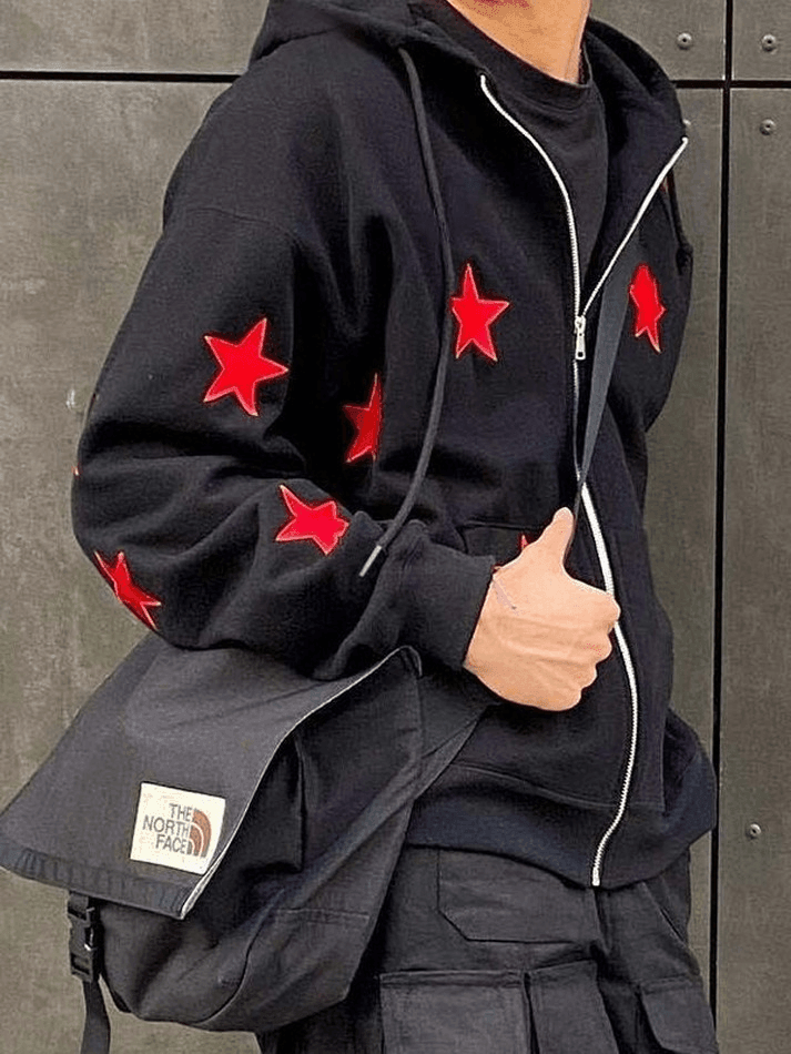 Foruwish - Men's Patch Star Zip Up Hoodie