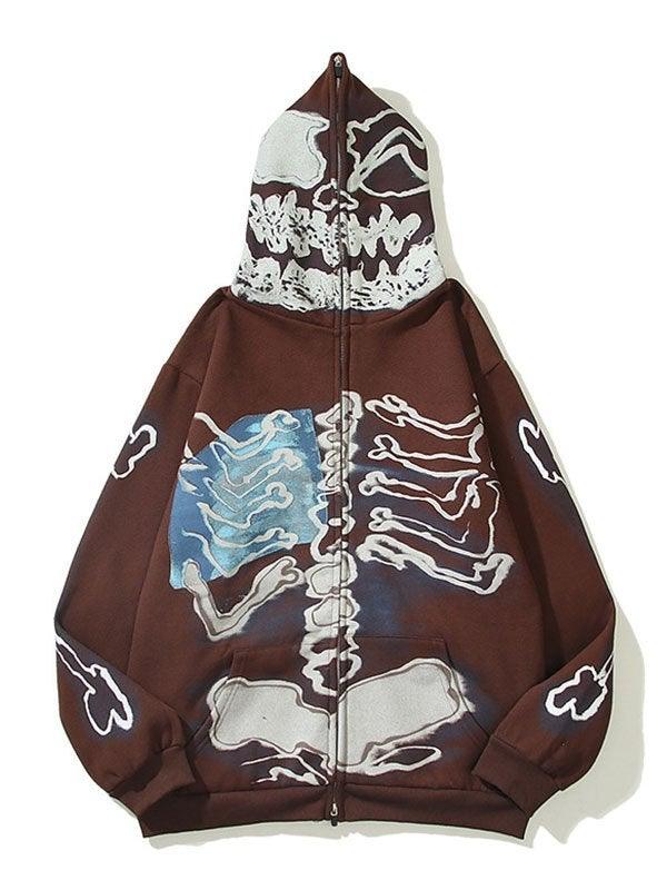 Foruwish - Men's Skull Bones Pattern Zip Hoodie