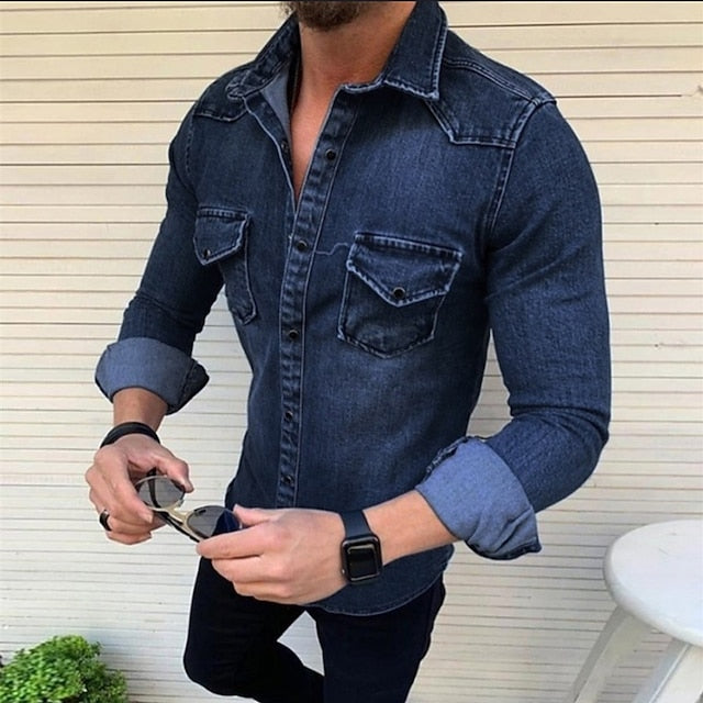 Men's Denim Shirt Black Royal Blue Blue Long Sleeve Solid Color Collar Spring &  Fall Street Daily Clothing Apparel Button-Down