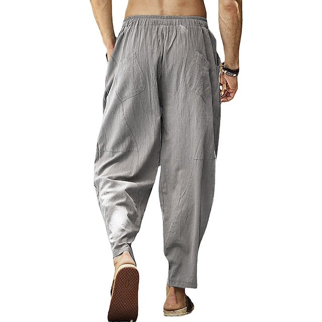 Men's Linen Pants Summer Pants Pocket Drawstring Plain Casual Daily Yoga Cotton Blend Basic Classic Black White