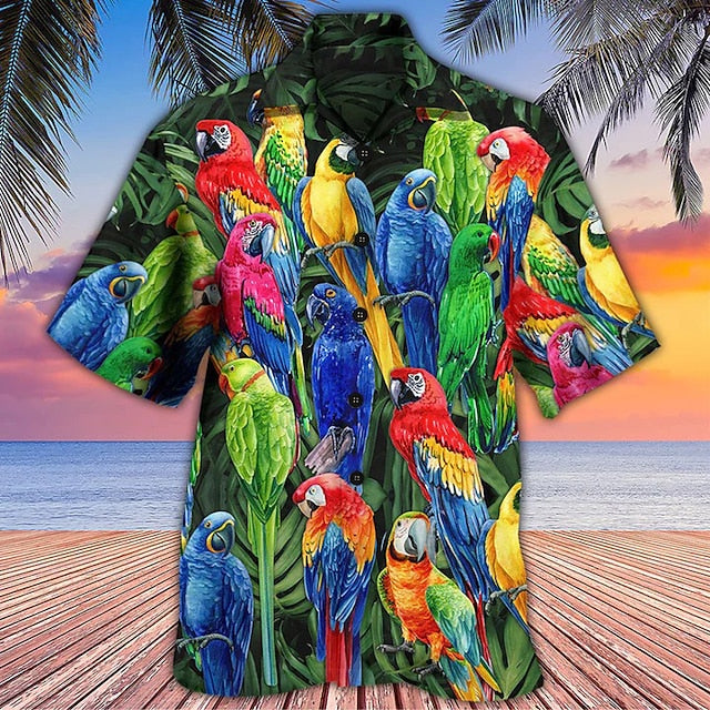 Men's Shirt Summer Hawaiian Shirt Camp Collar Shirt Graphic Shirt Aloha Shirt Parrot Turndown Yellow Light Green Pink Red Blue 3D Print Outdoor Street Short Sleeve Button-Down Clothing Apparel
