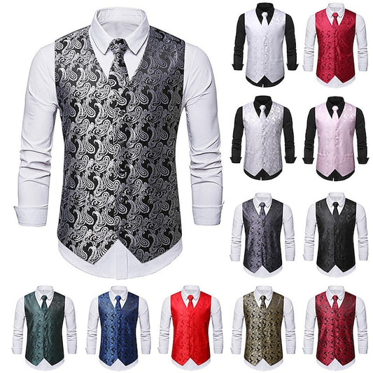 Men's Vest Gilet Wedding Office & Career Business Modern Contemporary Spring Fall Embroidered Pocket 95% Cotton Soft Outdoor Flower Single Breasted V Neck Regular Fit Wine Retro Red White / Sliver