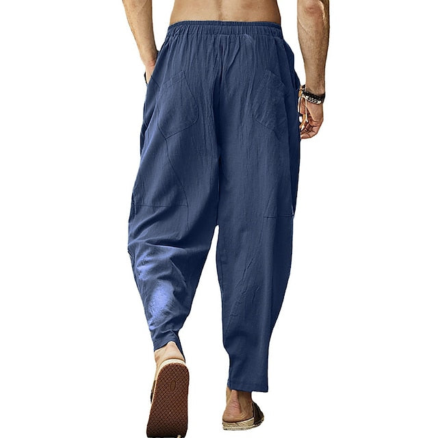 Men's Linen Pants Summer Pants Pocket Drawstring Plain Casual Daily Yoga Cotton Blend Basic Classic Black White