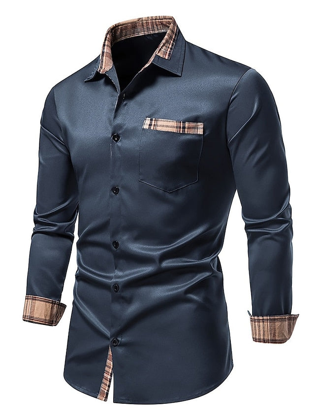 Men's Button Up Shirt Casual Shirt Black White Navy Blue Long Sleeve Plain Lapel Spring & Summer Wedding Daily Clothing Apparel Front Pocket