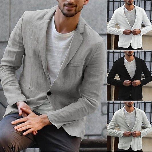 Men's Lightweight Jacket Linen Suit Blazer Causal Daily Wear Pocket Spring Fall Solid Color Streetwear Stylish Turndown Regular Regular Fit Black White Gray Jacket