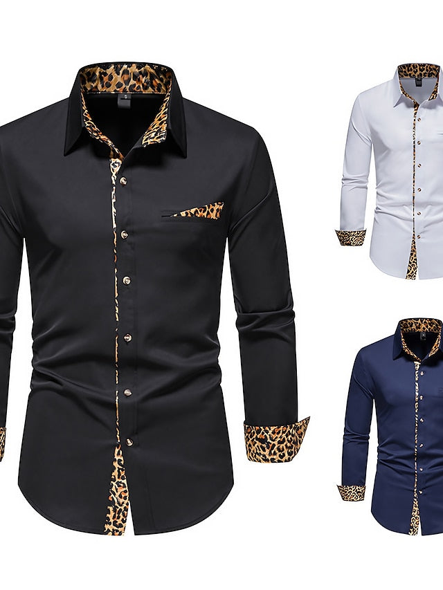 Men's Button Up Shirt Dress Shirt Collared Shirt Black White Navy Blue Long Sleeve Leopard All Seasons Wedding Daily Clothing Apparel