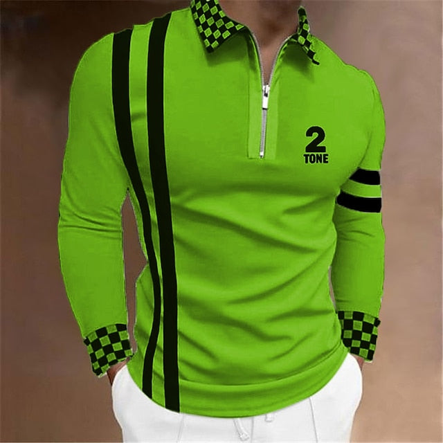Men's Polo Shirt Golf Shirt Plaid Letter Graphic Prints Turndown Black White Yellow Light Green Red 3D Print Outdoor Street Long Sleeve Zipper Print Clothing Apparel Sports Fashion Streetwear Designer